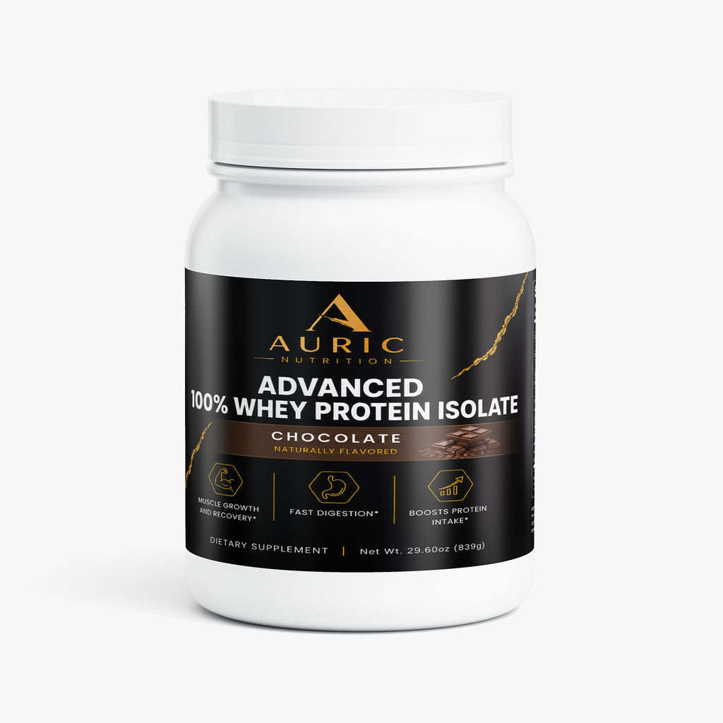 Auric Whey Isolate chocolate protein powder canister front label