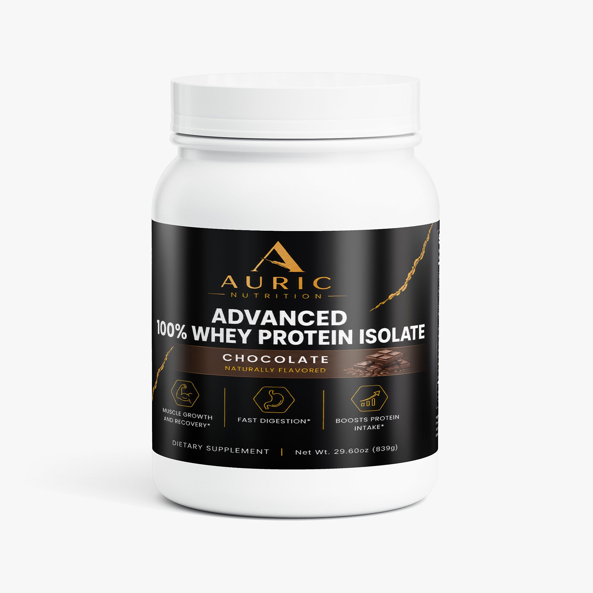 Auric Whey Isolate chocolate protein powder canister front label
