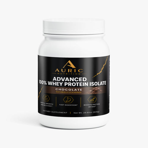 Auric Whey Isolate chocolate protein powder canister front label