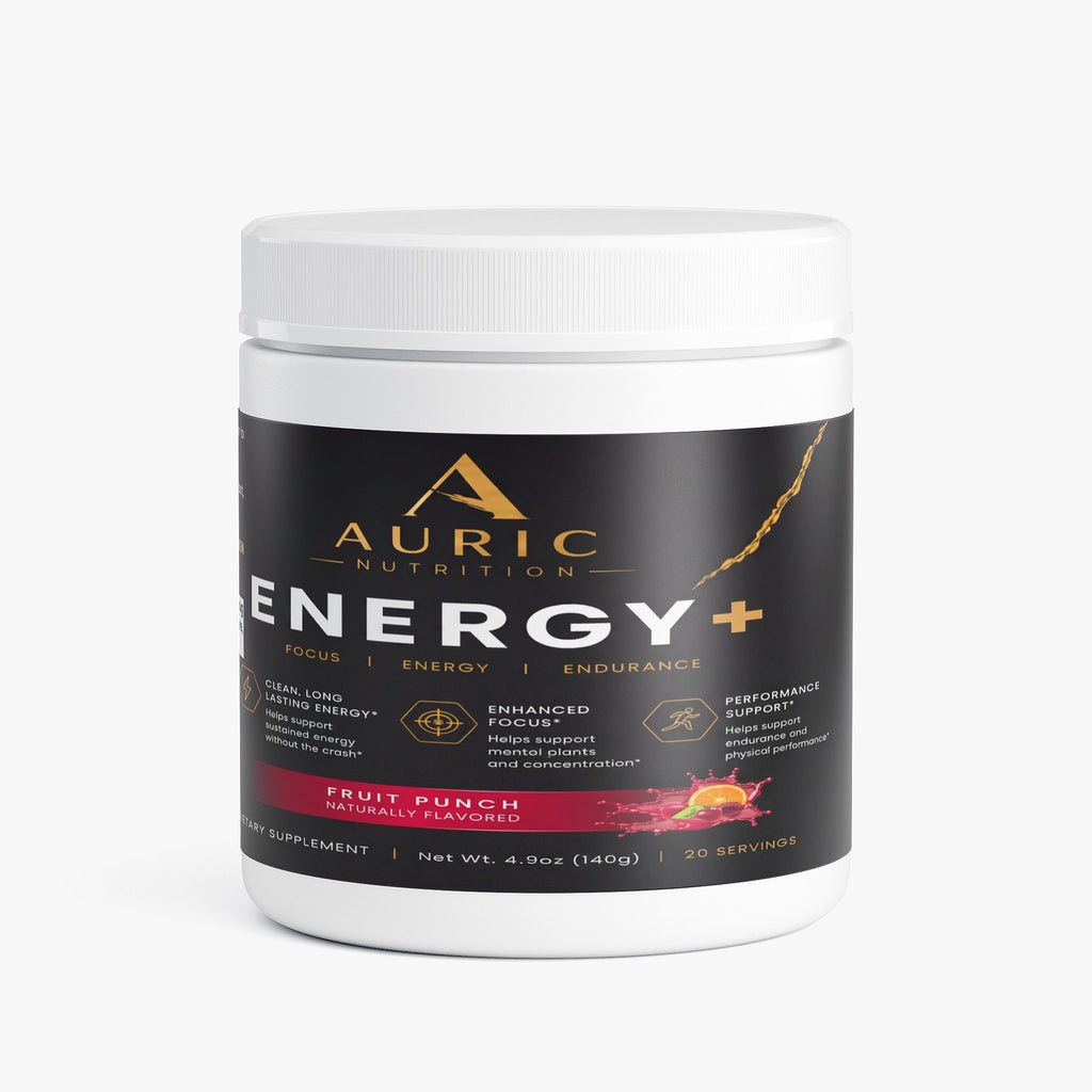 Auric Energy and Focus fruit punch powder canister front