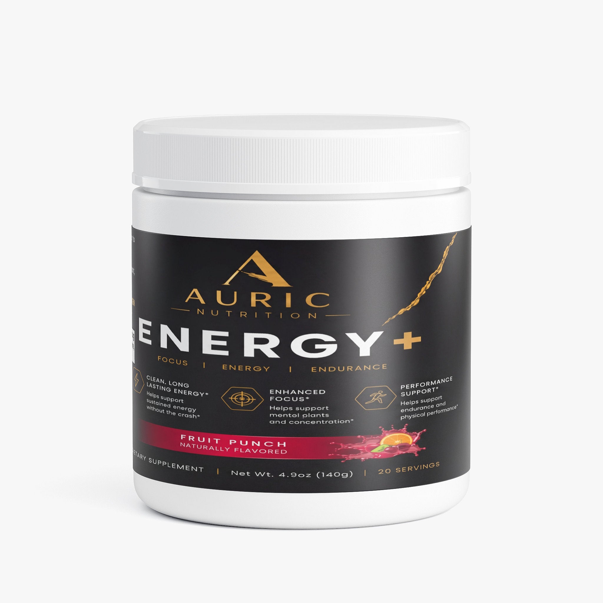 Auric Energy and Focus fruit punch powder canister front